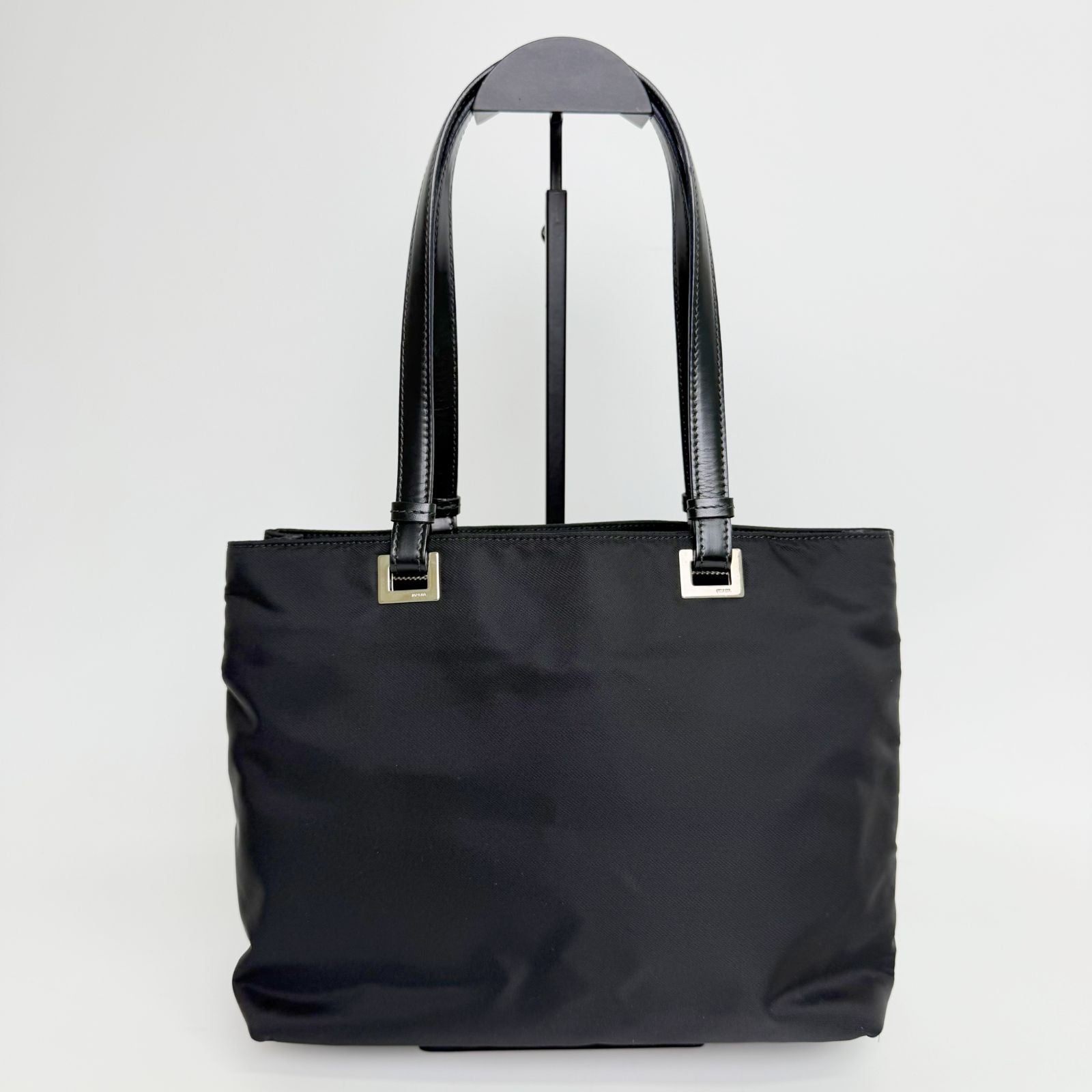 Prada Tessuto Nylon Triangle Logo Tote Bag Black Silver Vintage — view 3