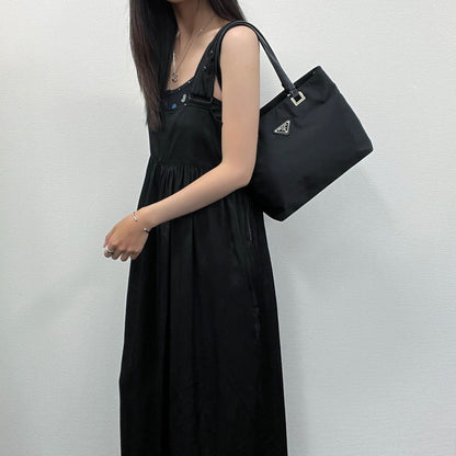 Prada Tessuto Nylon Triangle Logo Tote Bag Black Silver Vintage