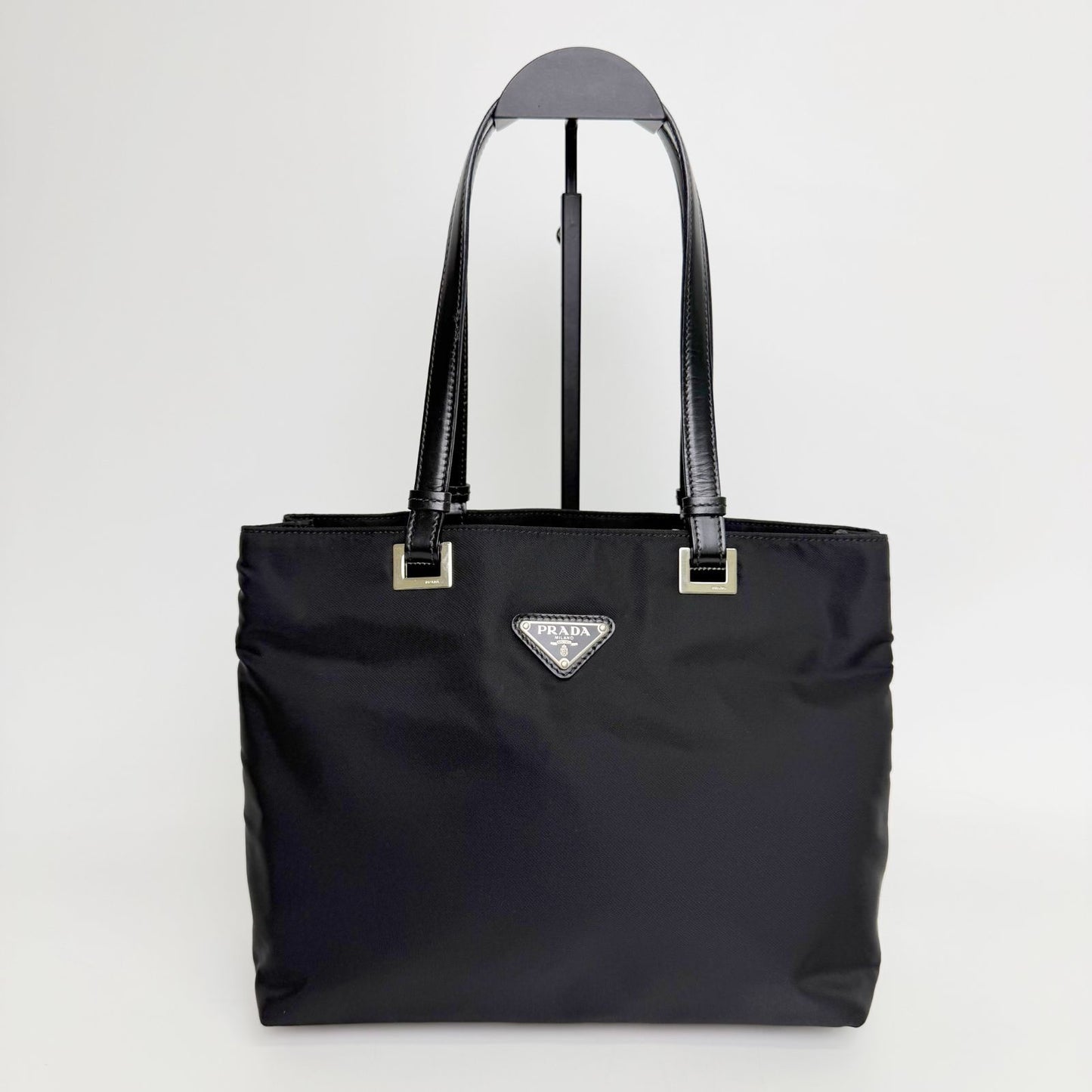 Prada Tessuto Nylon Triangle Logo Tote Bag Black Silver Vintage — view 2