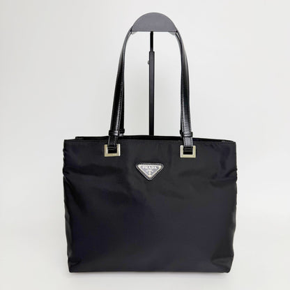 Prada Tessuto Nylon Triangle Logo Tote Bag Black Silver Vintage — view 2