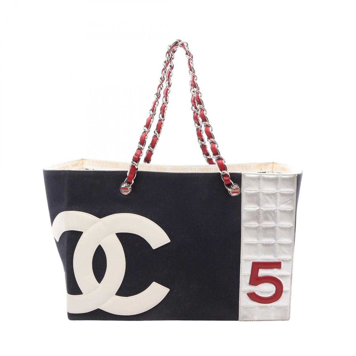 Chanel Tote Bag Choco Bar CC Logo Navy Multi Canvas Leather Chain