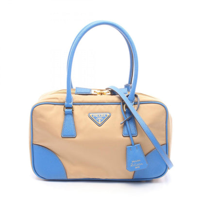 Prada Handbag Triangle Logo 2-Way Beige Light Blue Nylon Leather