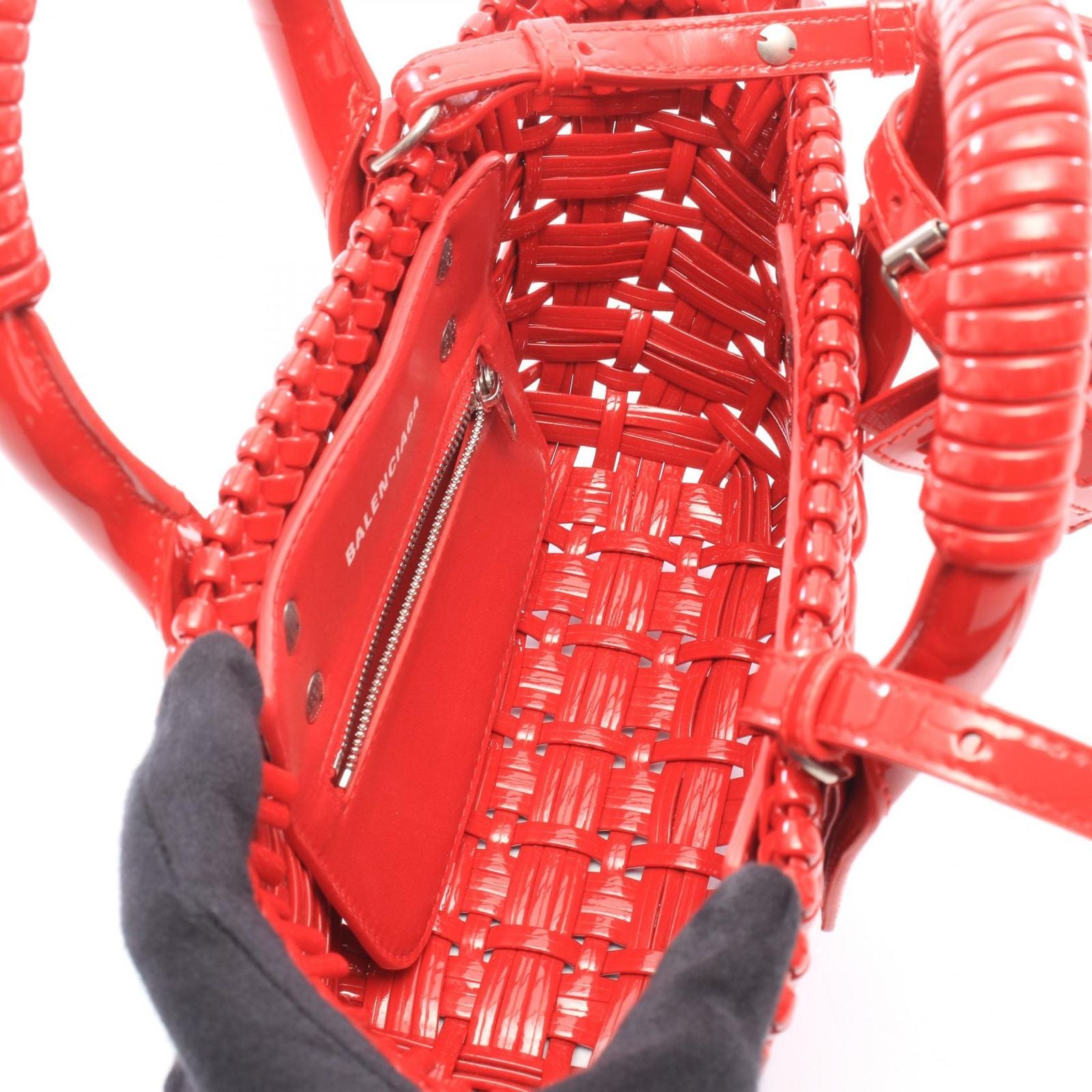 Balenciaga Handbag Bistro XXS Strap Basket 2-Way Metallic Red Patent Bag — view 3