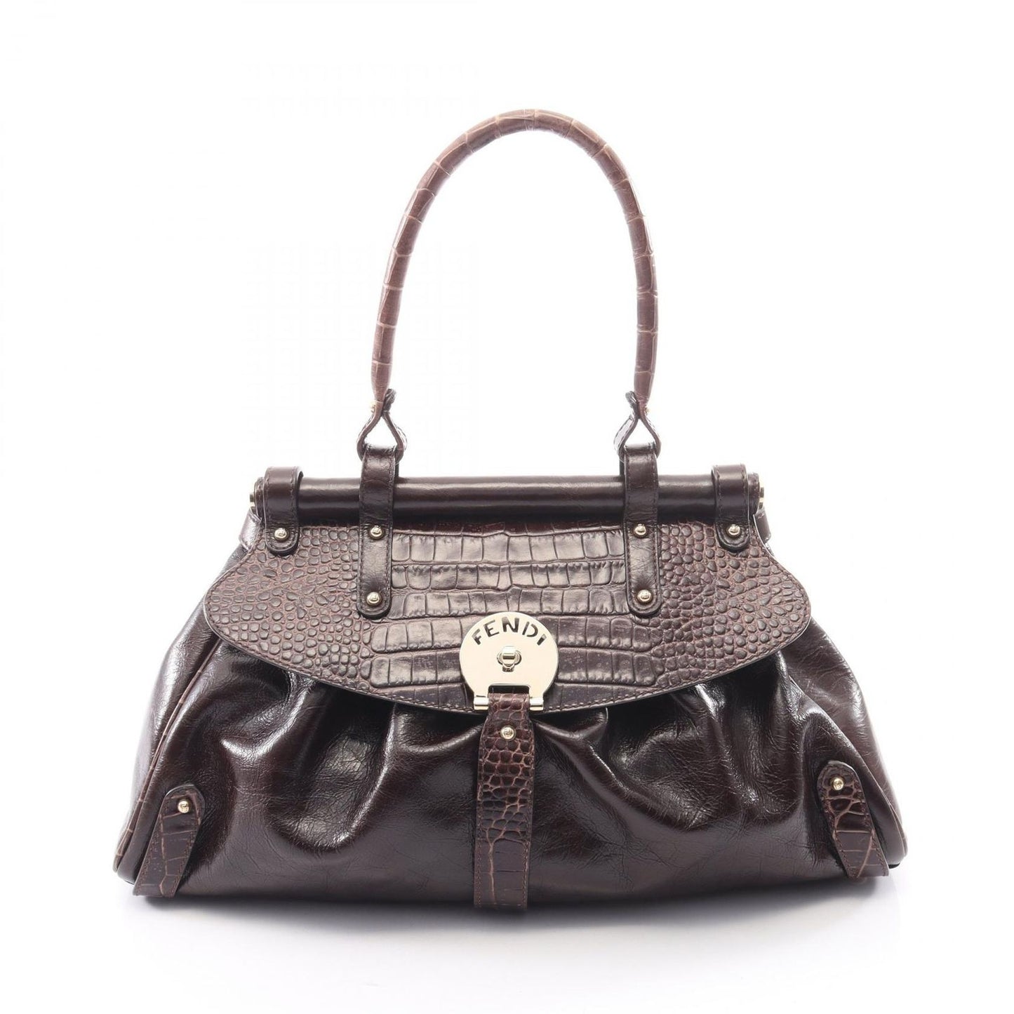 Fendi Handbag Bolsa Magic Croco Embossed Dark Brown Leather