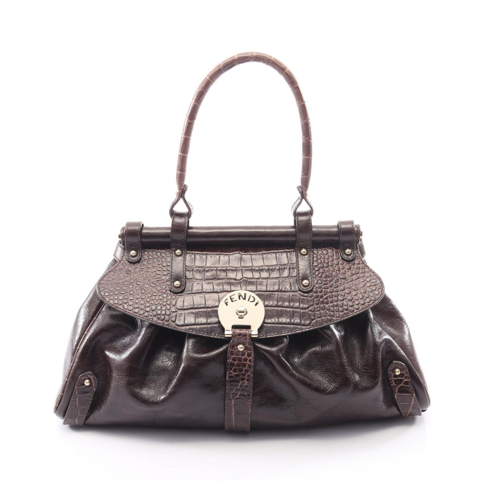 Fendi Handbag Bolsa Magic Croco Embossed Dark Brown Leather