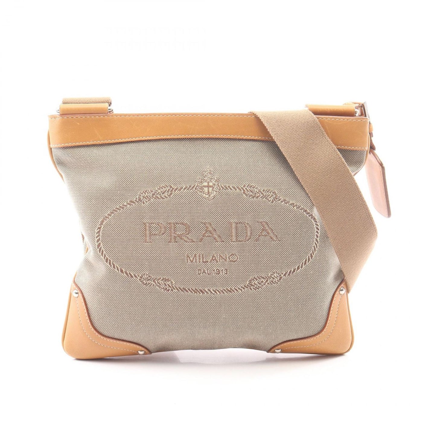 Prada Shoulder Bag Logo Jacquard Beige Camel Brown Canvas Leather