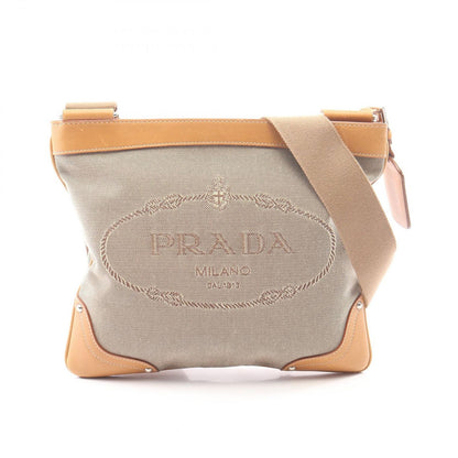 Prada Shoulder Bag Logo Jacquard Beige Camel Brown Canvas Leather