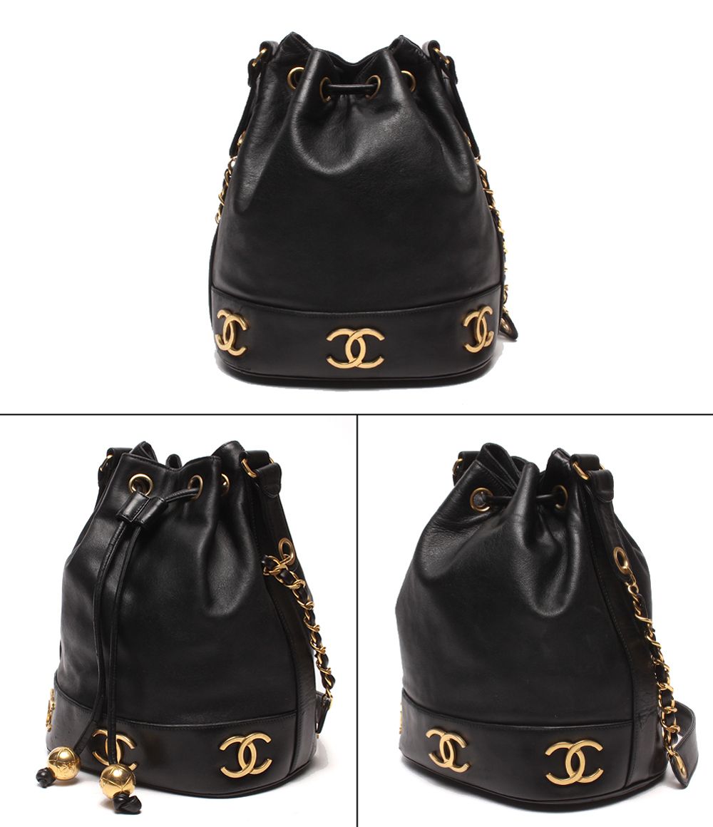 Chanel Chain Shoulder Bag Gold Drawstring Lambskin Triple CC Logo — view 2