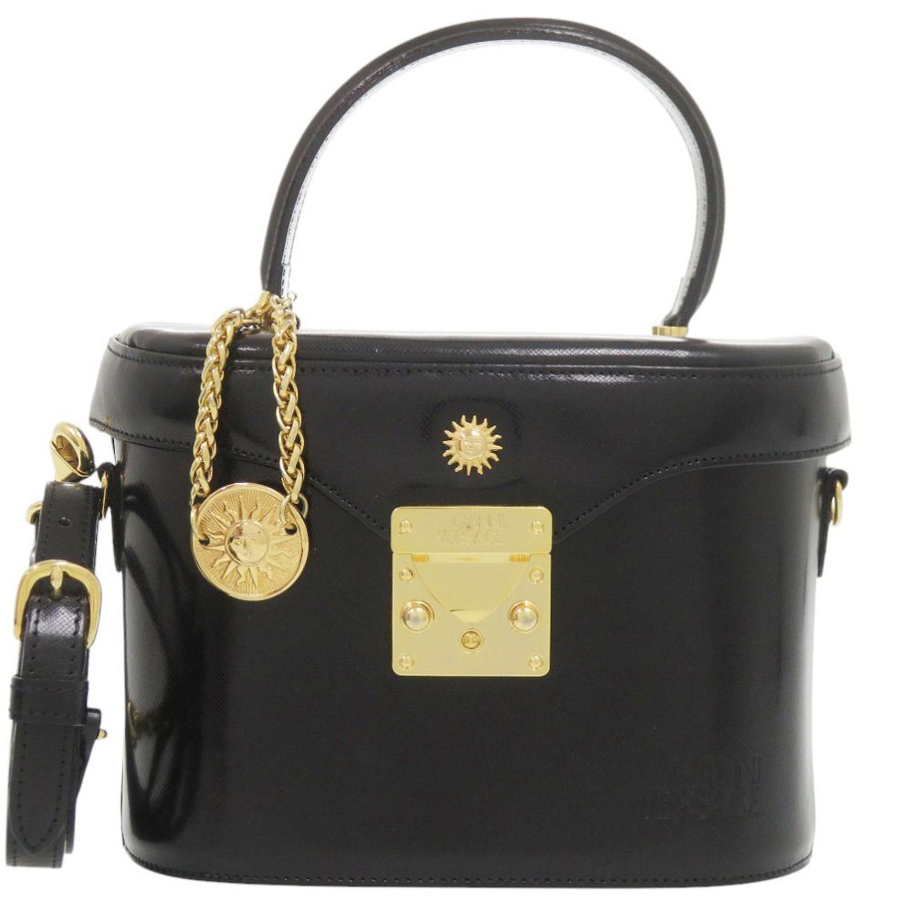 Versace Gianni 2-Way Leather Black Handbag Vanity Bag