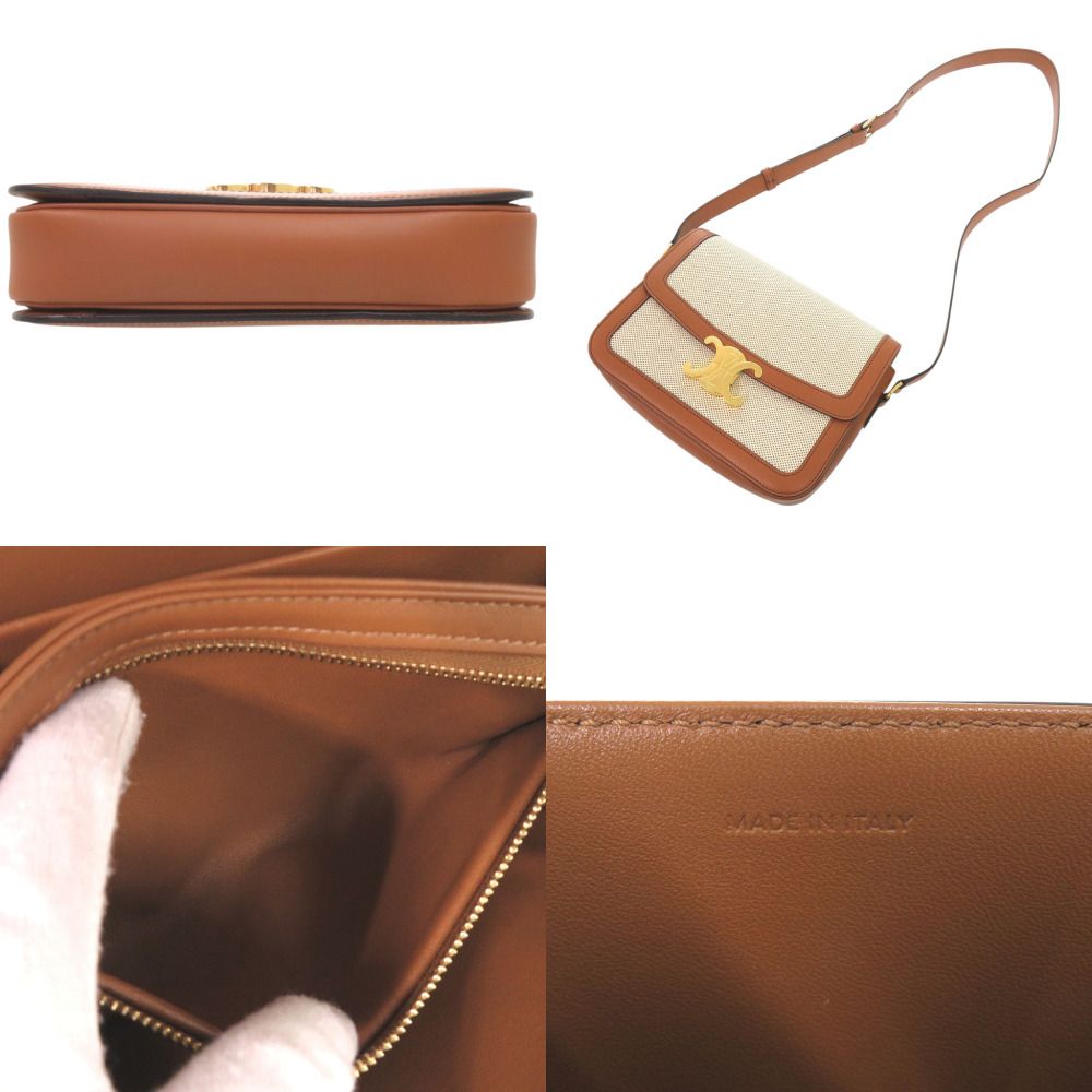 Celine Classic Triomphe Calfskin Textile Natural Tan Shoulder Bag — view 6