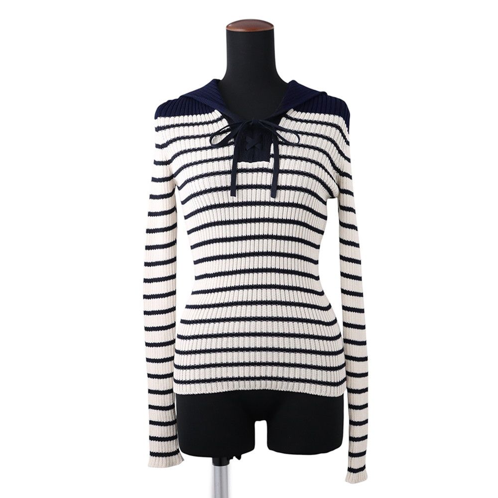Dior Knit Border Sailor Cotton Long Sleeve White Sweater 36