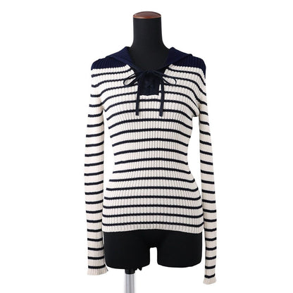 Dior Knit Border Sailor Cotton Long Sleeve White Sweater 36