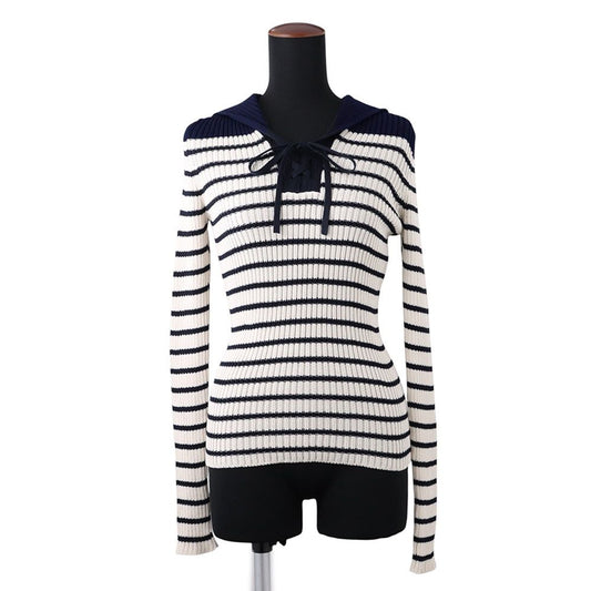 Dior Knit Border Sailor Cotton Long Sleeve White Sweater 36