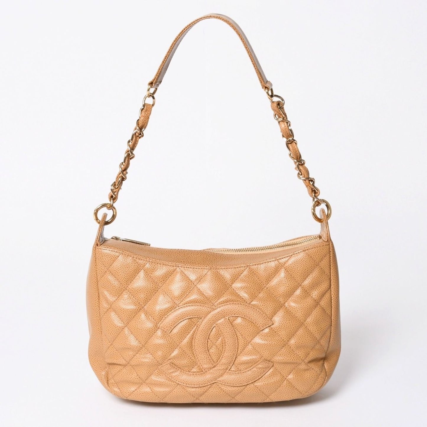 Chanel Chain Bag CC Logo Patch Caviar Leather Beige Gold