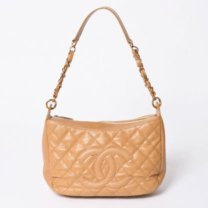 Chanel Chain Bag CC Logo Patch Caviar Leather Beige Gold