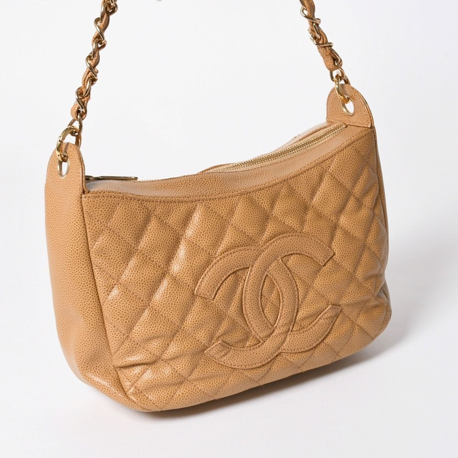 Chanel Chain Bag CC Logo Patch Caviar Leather Beige Gold — view 3