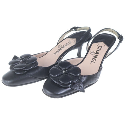 Chanel Camellia CC Logo Leather Slingback Pumps Shoes Black
