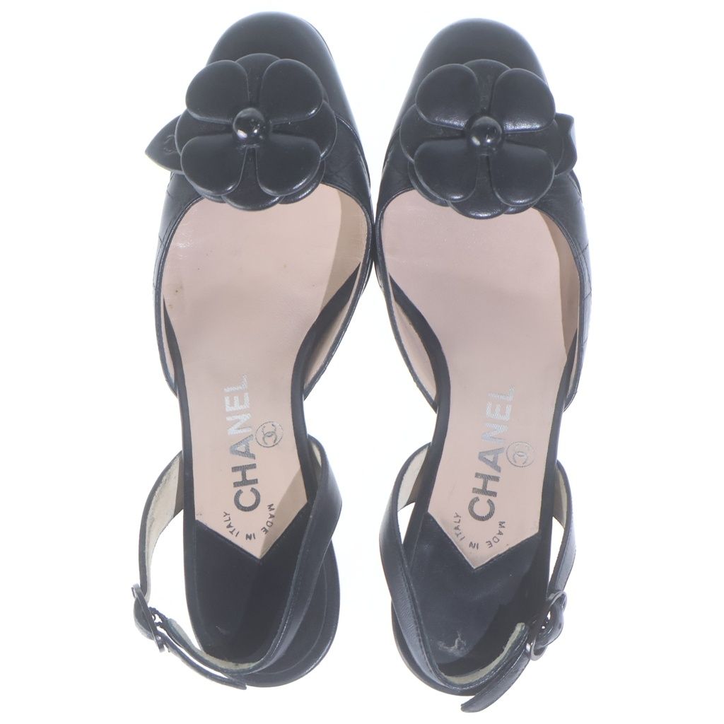 Chanel Camellia CC Logo Leather Slingback Pumps Shoes Black — view 4