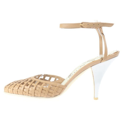 Chanel CC Logo Leather Ankle Strap Mesh Pumps Sandals Shoes Beige — view 2