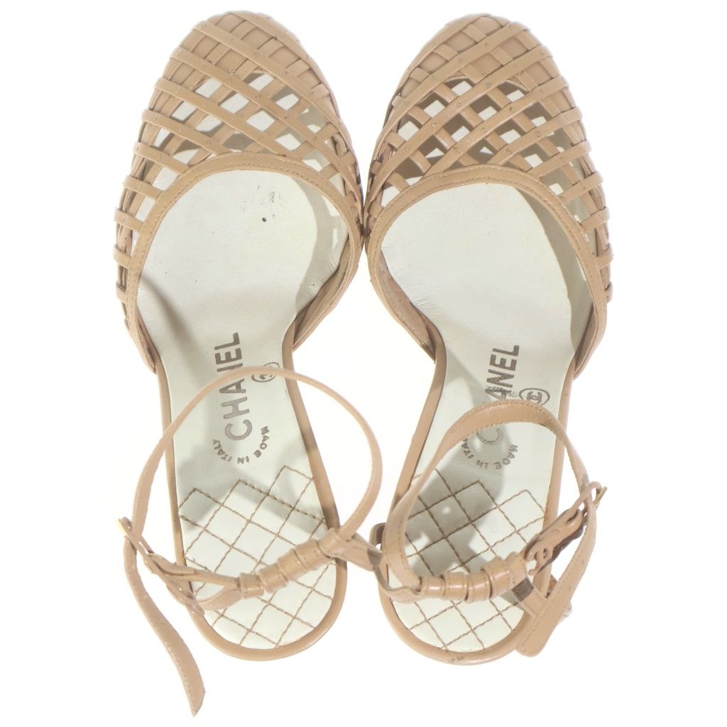 Chanel CC Logo Leather Ankle Strap Mesh Pumps Sandals Shoes Beige — view 4