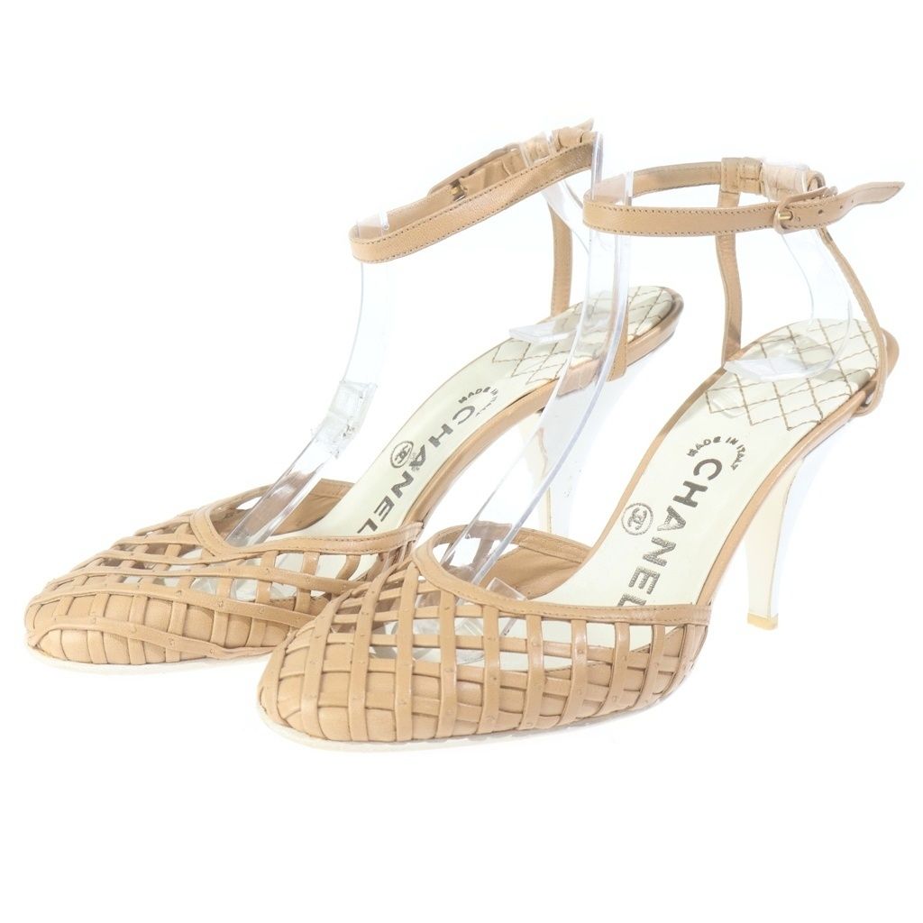 Chanel CC Logo Leather Ankle Strap Mesh Pumps Sandals Shoes Beige