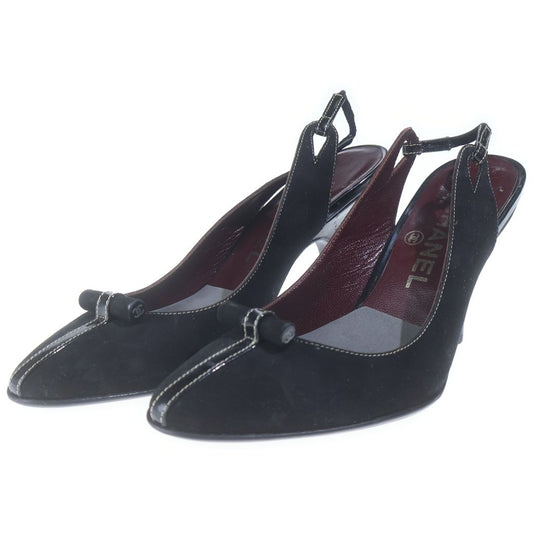 Chanel CC Logo Suede Leather Heels Slingback Pumps Shoes Black