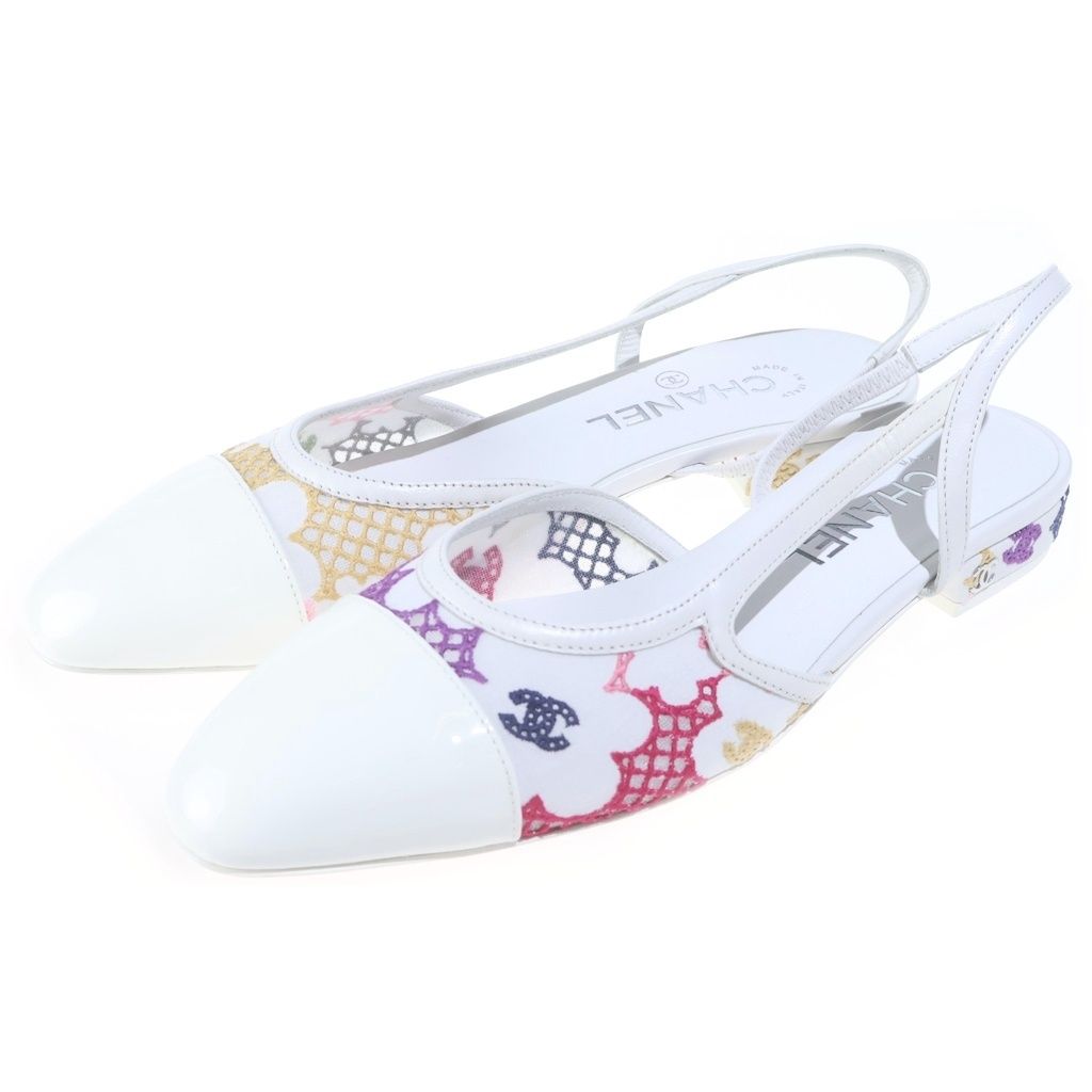 Chanel CC Logo Slingback Pumps Flat Shoes White
