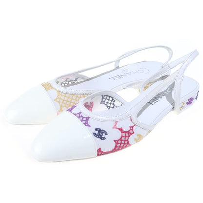 Chanel CC Logo Slingback Pumps Flat Shoes White