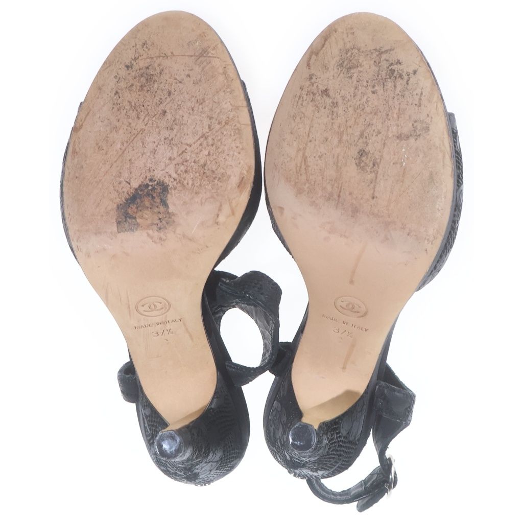 Chanel CC Logo Lace Pattern Leather Sandals Shoes Black — view 5