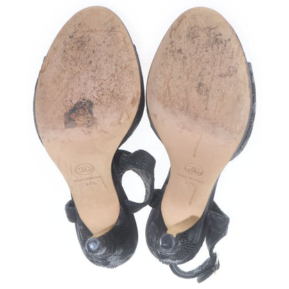 Chanel CC Logo Lace Pattern Leather Sandals Shoes Black — view 5