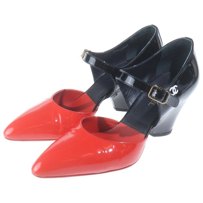 Chanel CC Logo Strap Shoes Pumps Sandals Patent Black