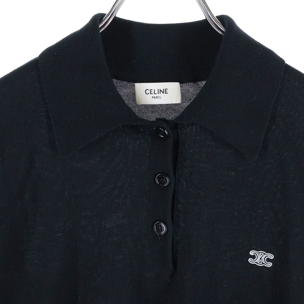 Celine Triomphe Logo Embroidery Long Sleeve Knit Polo Shirt Black — view 3