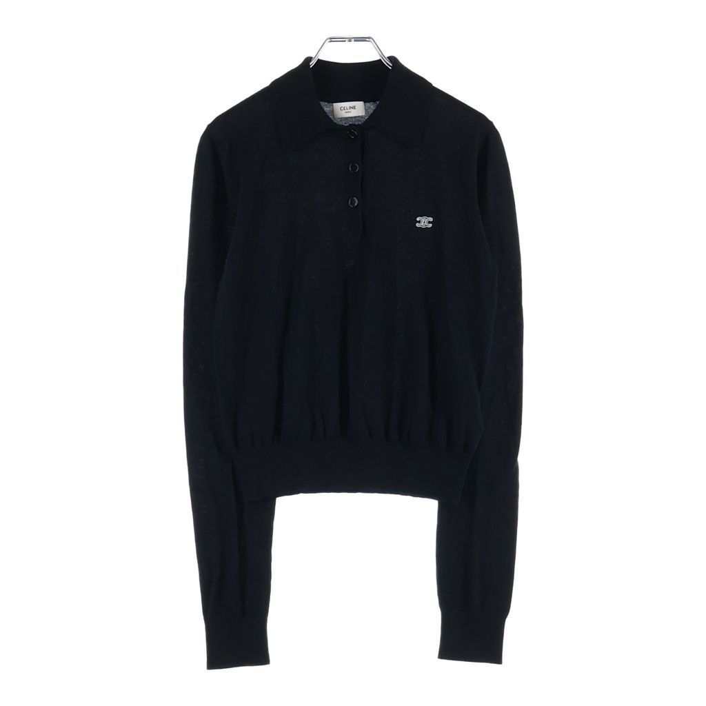Celine Triomphe Logo Embroidery Long Sleeve Knit Polo Shirt Black