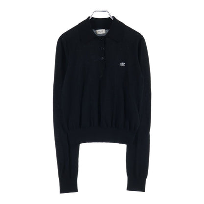 Celine Triomphe Logo Embroidery Long Sleeve Knit Polo Shirt Black