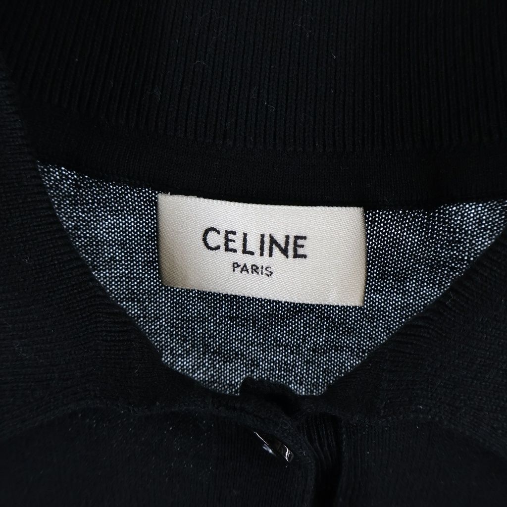 Celine Triomphe Logo Embroidery Long Sleeve Knit Polo Shirt Black — view 7