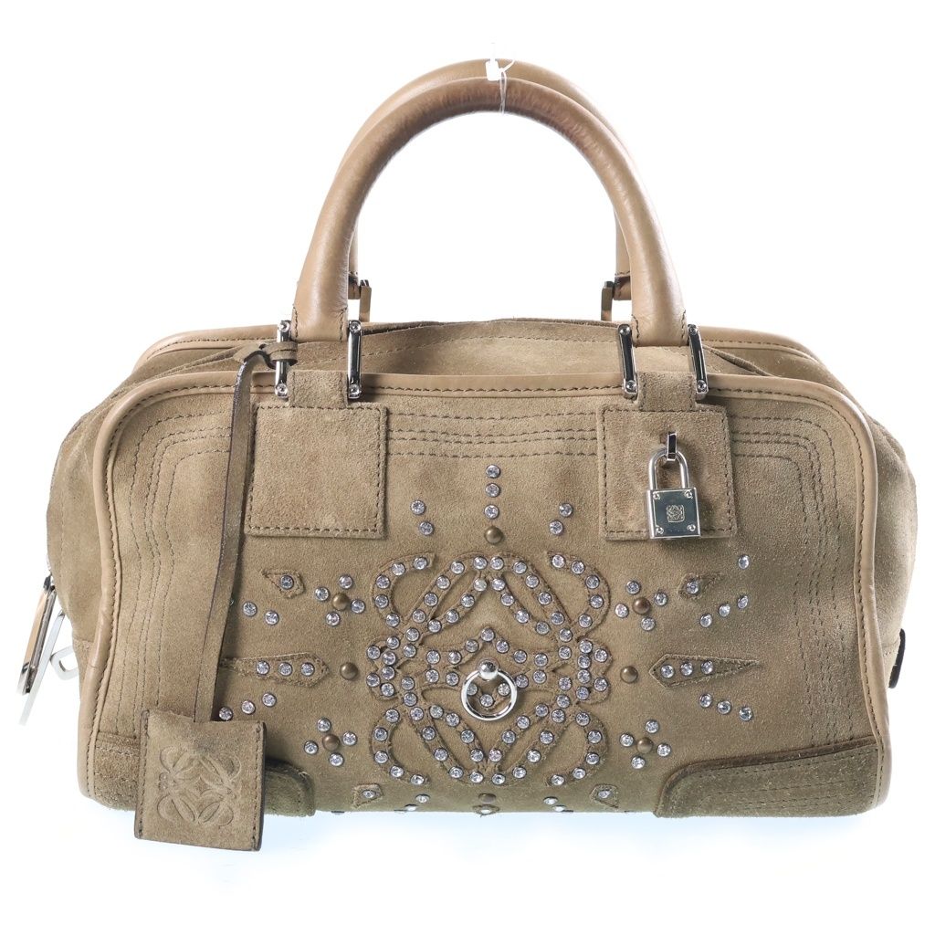 Loewe Amazona 28 Rhinestone Boston Bag Khaki Suede Silver