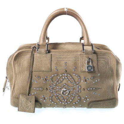 Loewe Amazona 28 Rhinestone Boston Bag Khaki Suede Silver