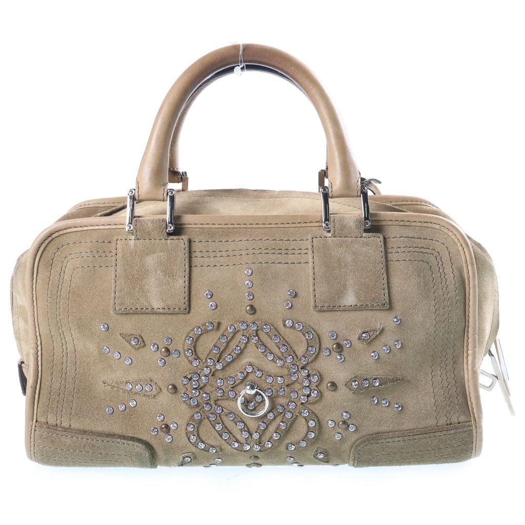 Loewe Amazona 28 Rhinestone Boston Bag Khaki Suede Silver — view 2