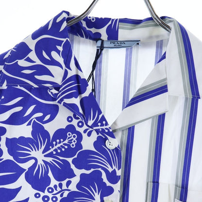 Prada Asymmetric Striped Hawaiian Short Sleeve Shirt White Blue — view 3