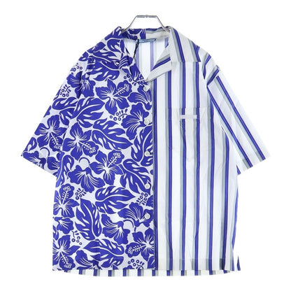 Prada Asymmetric Striped Hawaiian Short Sleeve Shirt White Blue