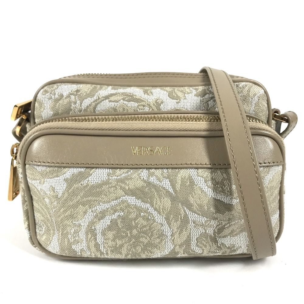 Versace Shoulder Bag Greca Logo Leather Canvas Beige