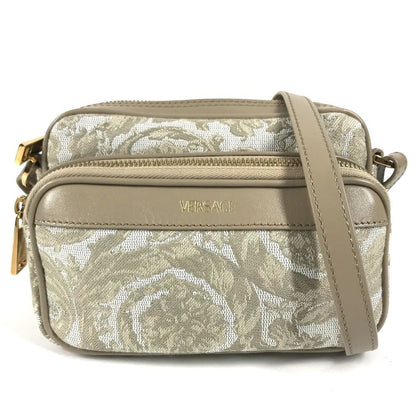 Versace Shoulder Bag Greca Logo Leather Canvas Beige