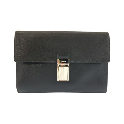 Prada Saffiano Black Silver Leather Clutch