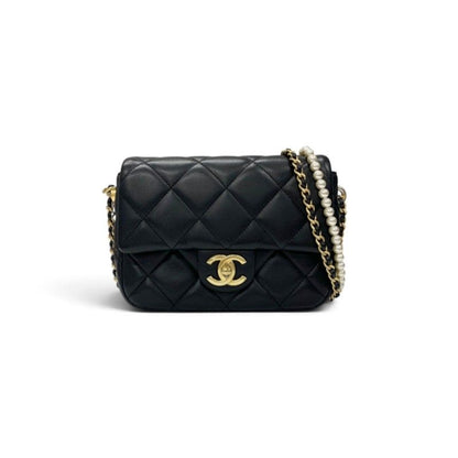 Chanel Shoulder Bag Black Gold Mini Quilted CC Logo Turnlock Single Flap Chain