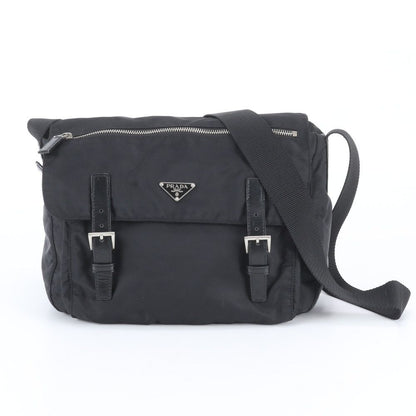Prada Tessuto Nylon Triangle Logo Leather Shoulder Bag Crossbody Messenger Black