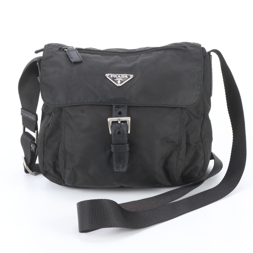 Prada Tessuto Nylon Triangle Logo Leather Shoulder Bag Crossbody Messenger Black