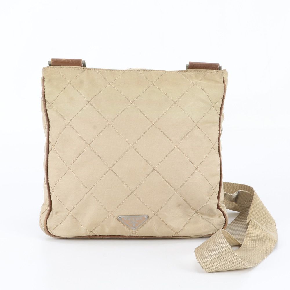 Prada Tessuto Nylon Quilted Triangle Logo Leather Shoulder Bag