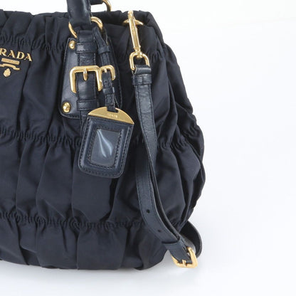 Prada Tessuto Nylon Gathered Leather 2-Way Shoulder Bag Tote Navy — view 3