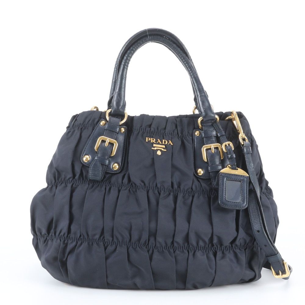 Prada Tessuto Nylon Gathered Leather 2-Way Shoulder Bag Tote Navy