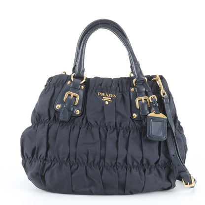 Prada Tessuto Nylon Gathered Leather 2-Way Shoulder Bag Tote Navy
